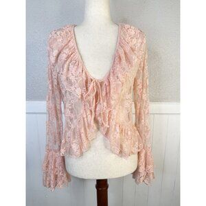 Vtg Romantic Lace Top Sz L Fairy Whimsical Tie Front Ruffle Coquette Pink Dainty
